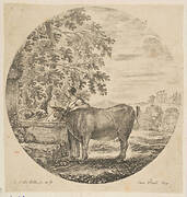 A peasant woman with a cow at a fountain decorated with the Medici arms, from 'Six animal subjects' (Six sujets d'animaux)