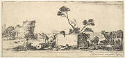 Plate 12: a seated draughtsman to left, a standing shepherd next to him to right, ruins and animals to the right, a tower in ruins to left in the background, from 'Various landscapes' (Divers paysages)