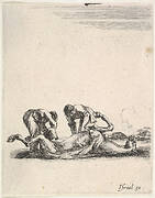 Two men skinning a horse that is lying on the ground with its hooves in the air, from 'Various cavalry exercises' (Diverses exercices de cavalerie)