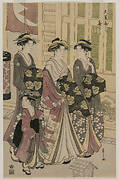 The Courtesan Kisagata of Ohishiya Strolling at Night with Two Shinzo and a Kamuro