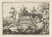 Gehucht met wandelaar en hond