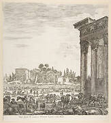 The columns of the Temple of Antoninus to right, a part of the Campo Vaccino in center and at left, along with various animals and figures, the Palatine ruins in the background, from 'Six large views, four of Rome, and two of the Roman countryside' (Six grandes vues, dont quatre de Rome et deux de la Campagne romaine)