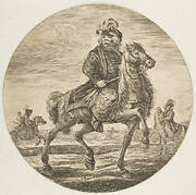 Hungarian horseman riding towards the right, other horsemen in the background, a circular composition from 'Figures on Horseback' (Cavaliers nègres, polonais et hongrois)