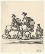 Two muskateers with drums on horseback following a procession to the right, from 'Various cavalry exercises' (Diverses exercices de cavalerie)