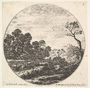 Plate 6: cows crossing a valley to left, a group of trees to left, a horseman and other cows in the background, a round composition, from 'Roman landscapes and ruins' (Paysages et ruines de Rome)