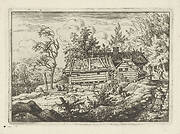 Gehucht met wandelaar en hond