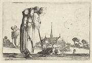 Plate 10: a peasant woman turned towards the right with a child on her back, a boy lying on the ground behind her in center, two women and a child to left in middleground, a church to right in background, from 'Caprice faict par de la Bella'