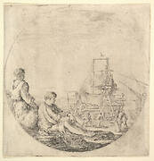 A black sailor standing to left, in profile to the right, a white sailor seated in center with legs outstretched, a ship being repaired to right in the background