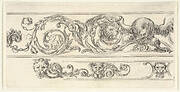 Plate 7: two friezes; at top, an eagle and the head of a lion, at bottom, a lion head and two grotesque heads of men, from 'Friezes, foliage, and grotesques' (Frises, feuillages et grotesques)