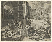 A plague scene at right, a man at left holding a torch illuminating part of the scene at left, ill people at the right
