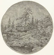 Landschap met ruiter nabij gehucht