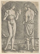 A naked man at left showing an axe to a woman at right