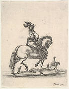 A horseman in center, walking towards the right, a horseman and a footsoldier in the background, seen from behind, from 'Various cavalry exercises' (Diverses exercices de cavalerie)