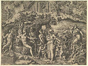 The Judgment of Paris; Paris seated on a rock choosing between the goddesses Venus, Juno, and Minerva, the god Mercury with a caduceus in between them