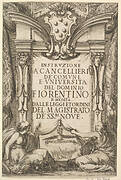 Frontispiece for 'Instructions for Chancellors' (Instruzione a' Cancellieri): Medici coat of arms at top center, below two allegorical females, between them a dove holding olive branches in its mouth, Florentine landscape at bottom center