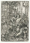 Man te paard jaagt op wild zwijn